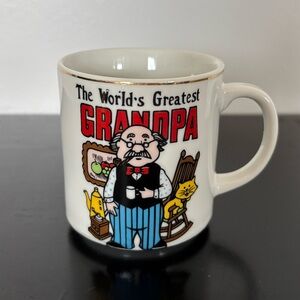 Vtg “The World’s Greatest Grandpa” Coffee Mug White Gold Trim Cartoon Cat